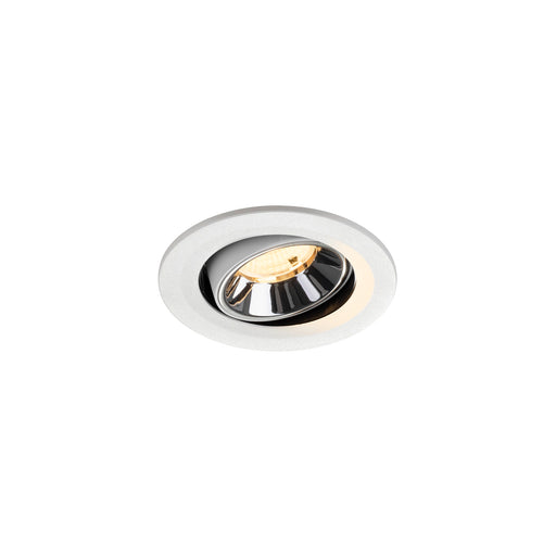 Recessed ceiling light fixture with a chrome finish, white aluminum trim, and adjustable mounting for focused illumination.