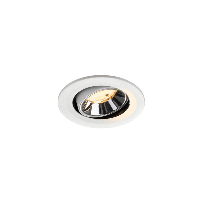 Recessed ceiling light fixture with a chrome finish, white aluminum trim, and adjustable mounting for focused illumination.
