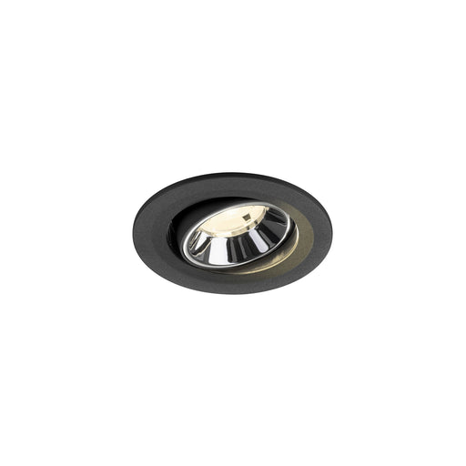 Recessed ceiling light fixture with a black finish, chrome reflector, and aluminum material for modern interior lighting.