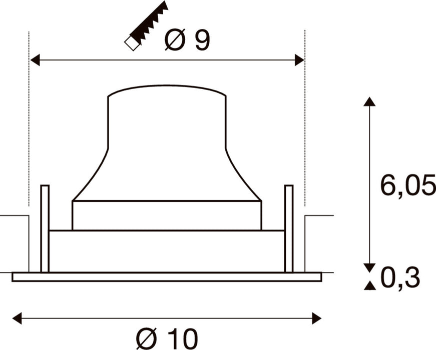 Technical drawing with dimensions for a recessed light fixture.