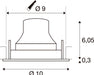 Technical drawing with dimensions for a recessed light fixture.