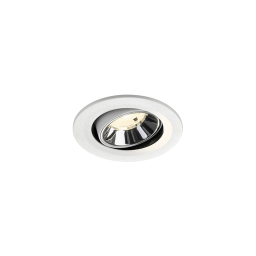 Recessed ceiling light fixture with a chrome finish and white metal trim, designed for flush mounting.