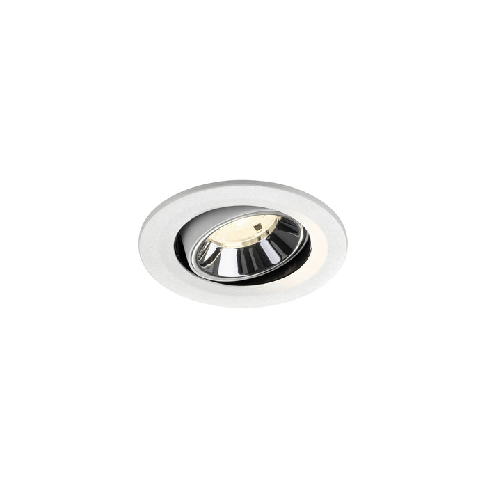 Recessed ceiling light fixture with a chrome finish and white metal trim, designed for flush mounting.