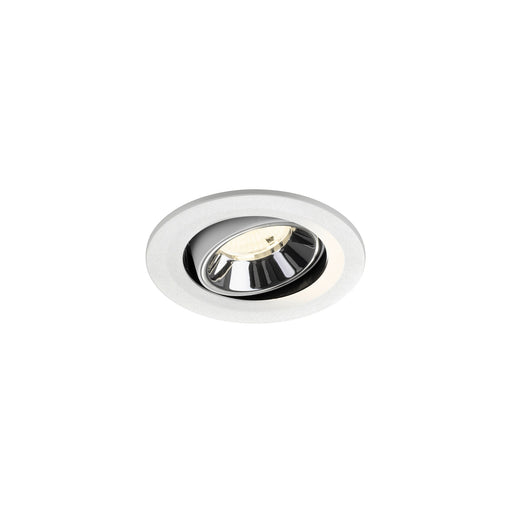 Recessed ceiling light fixture with a white finish, chrome reflector, and aluminum construction for modern interior lighting.