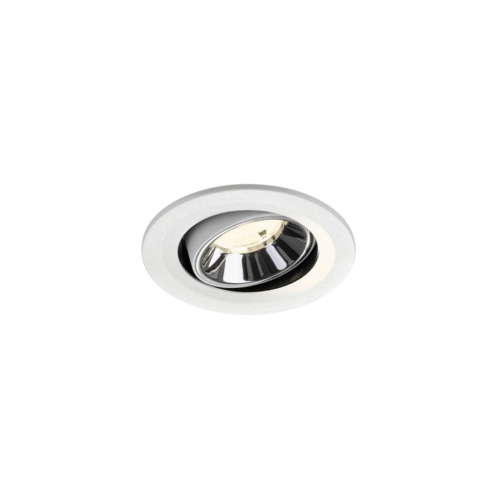 Recessed ceiling light fixture with a white finish, chrome reflector, and aluminum construction for modern interior lighting.