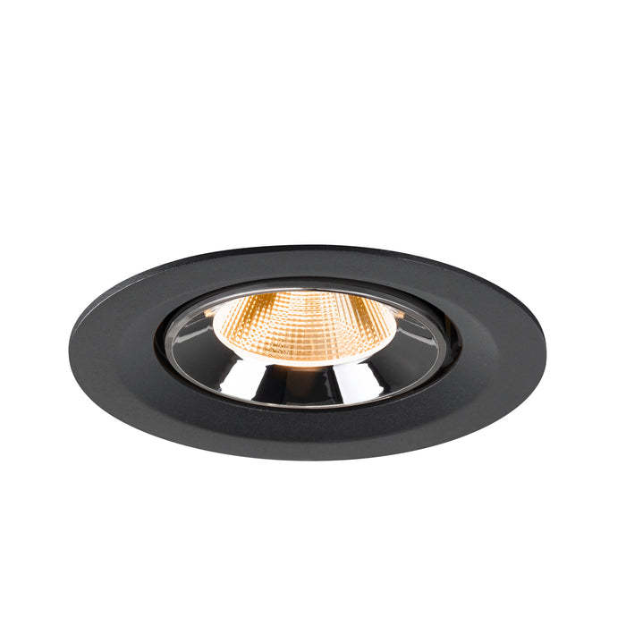 Recessed ceiling light fixture in black metal with a chrome finish and warm white LED bulb, designed for flush mounting.