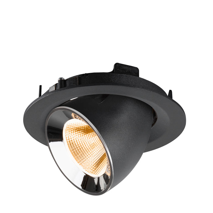 Recessed spotlight in matte black finish with a reflective chrome interior, designed for ceiling mounting.