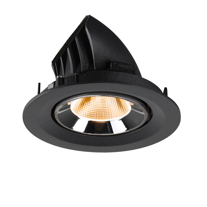 Recessed downlight fixture made of aluminum with a matte black finish and chrome reflector, designed for ceiling mounting.