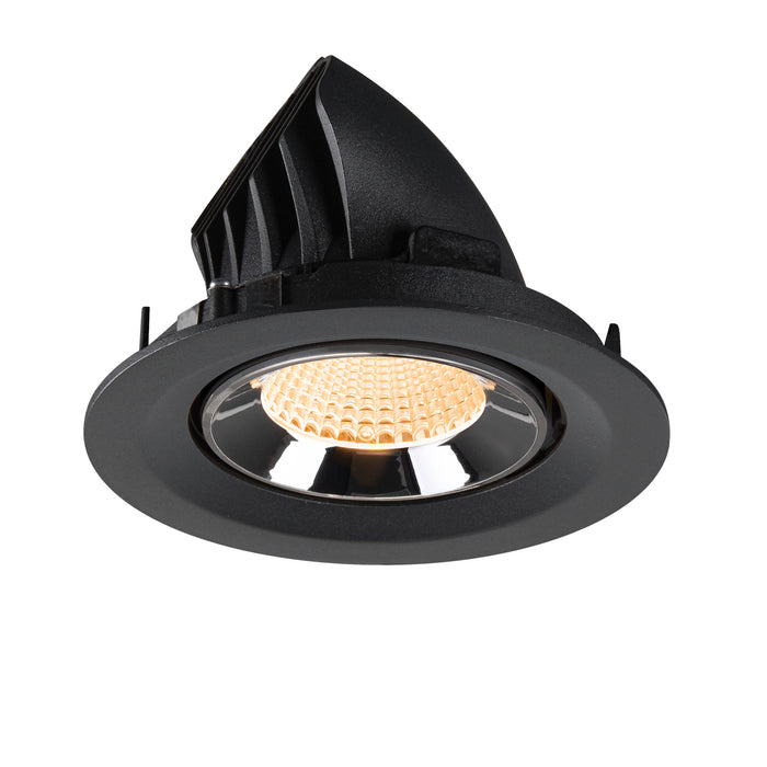 Black recessed LED downlight with a polished chrome reflector and honeycomb lens, designed for ceiling mounting.