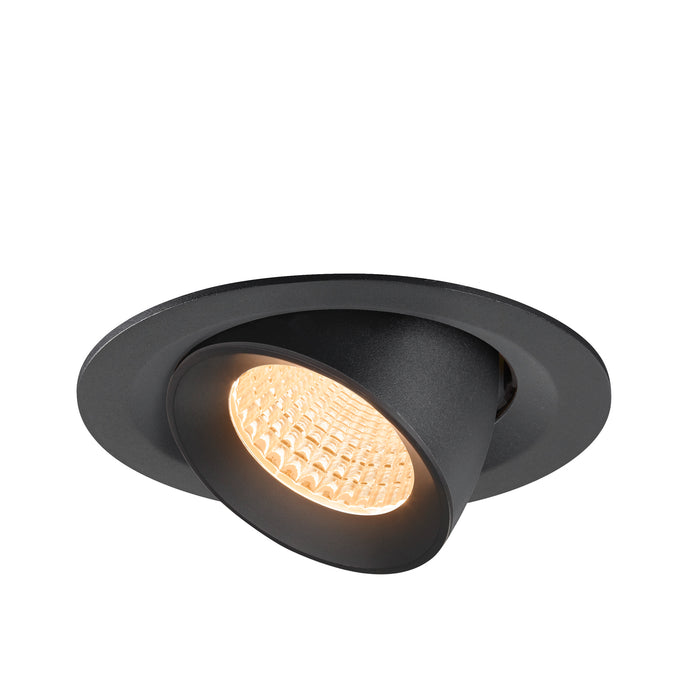 Recessed ceiling light, black finish, adjustable spotlight.