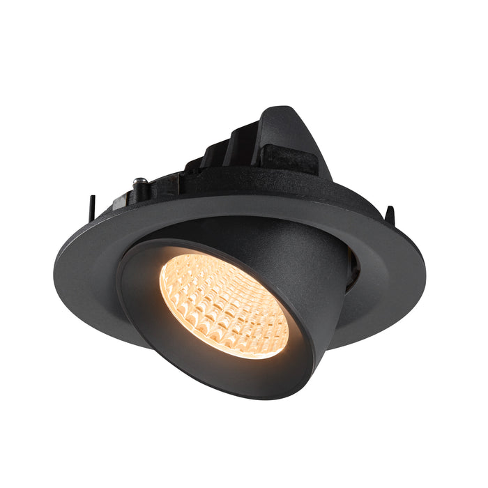 Black recessed LED ceiling light fixture, adjustable angle, matte finish.