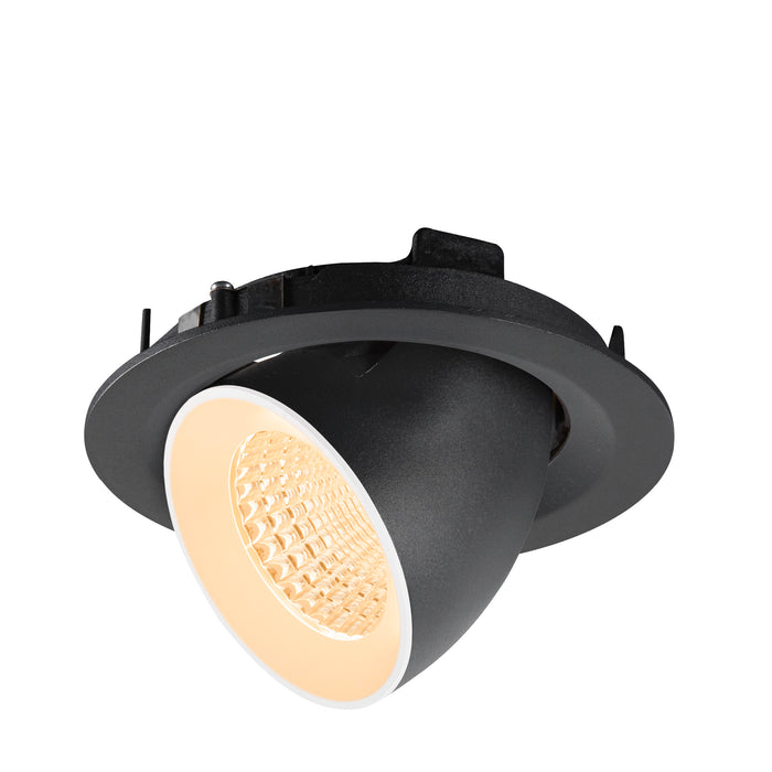 Black recessed ceiling light fixture with adjustable head.