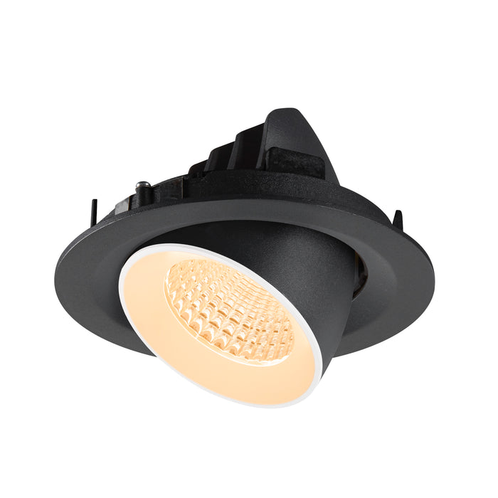 Recessed ceiling light fixture, black finish, adjustable LED spotlight.