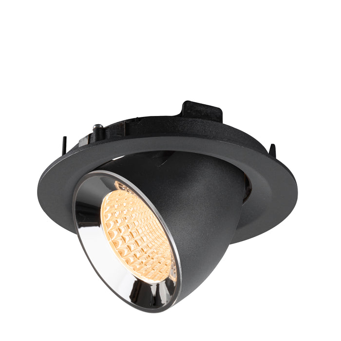 Black recessed spotlight with a polished chrome reflector, designed for ceiling mounting, featuring a warm white LED light source.