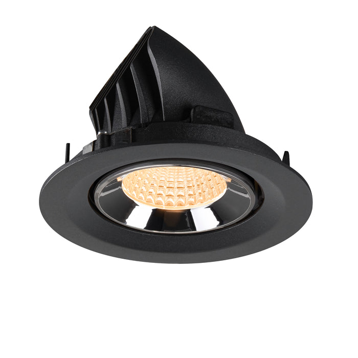 Black recessed LED downlight with a polished chrome finish and honeycomb lens, designed for ceiling mounting.