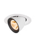 Recessed spotlight with a white metal body, black finish, and warm LED light, designed for ceiling mounting.