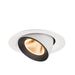 Recessed ceiling light fixture with a white and black finish, made of metal, featuring a warm LED bulb and a modern design.