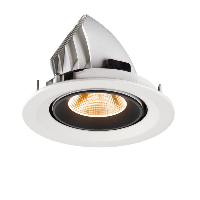 Recessed LED downlight in white finish with aluminum housing and black trim, featuring a warm light bulb for ceiling mounting.