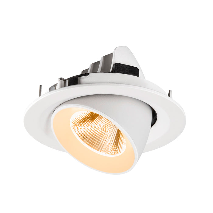White recessed ceiling light fixture with adjustable head.