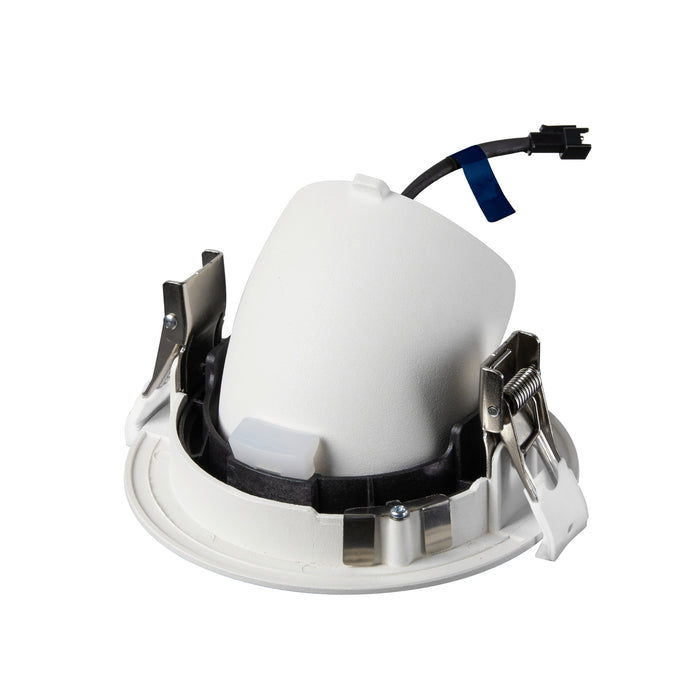 White plastic recessed light housing with metal clips and a black wire, designed for ceiling mounting.