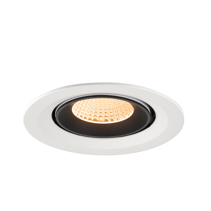 Recessed LED downlight with a white finish, black interior, honeycomb lens, and round mounting design for modern lighting solutions.