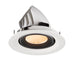 Recessed LED downlight in white aluminum with a black trim, featuring a honeycomb lens for soft illumination and designed for ceiling mounting.