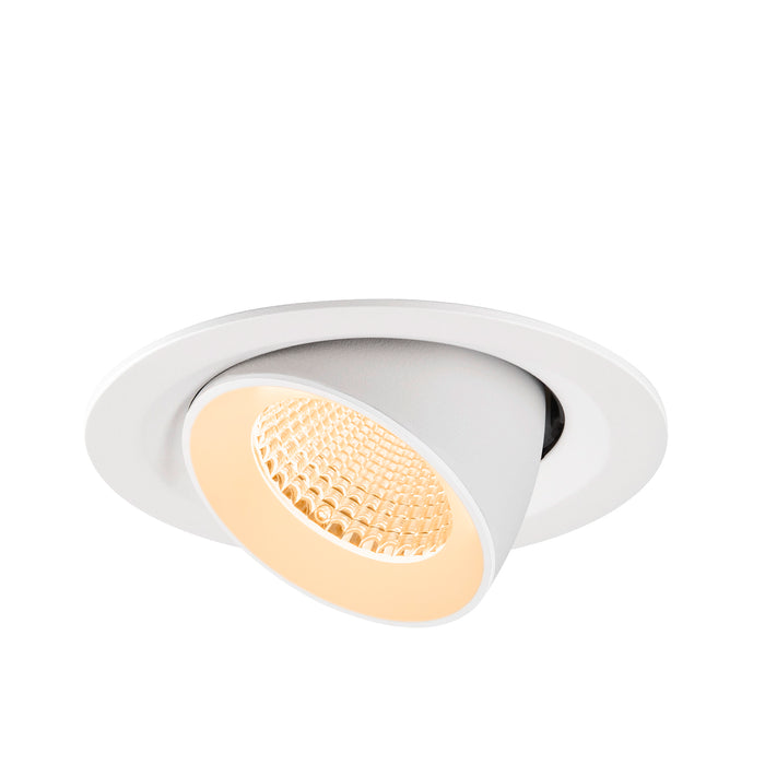 White recessed ceiling light fixture with adjustable head.