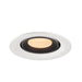 Recessed ceiling light fixture in white metal with a black finish, featuring a honeycomb lens and warm LED light source.