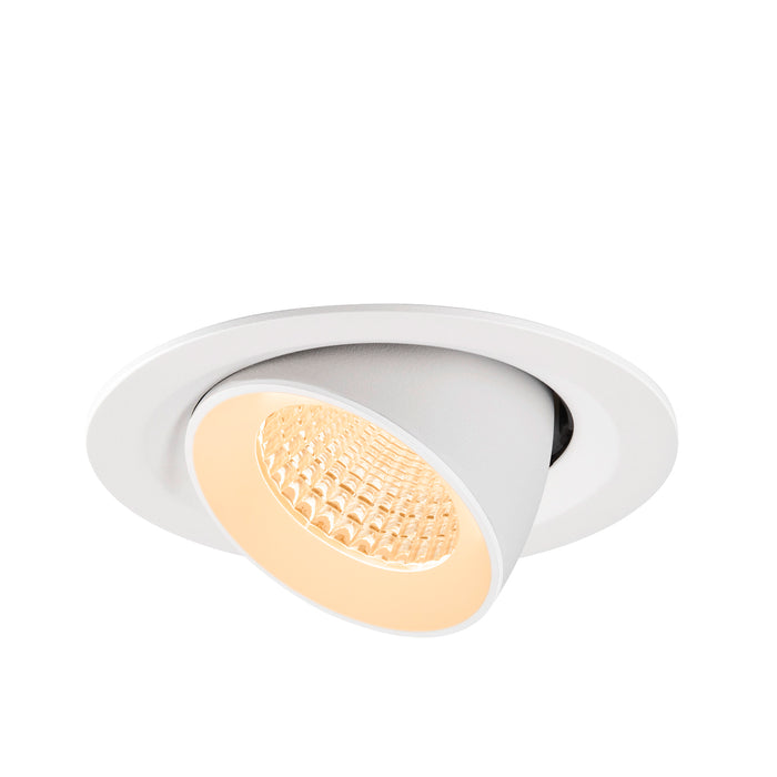 White recessed LED downlight, adjustable tilt, flush mount.