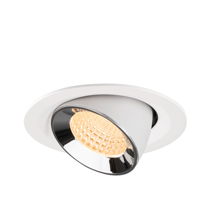 Recessed ceiling light fixture in white metal with a chrome finish and a warm LED bulb, designed for flush mounting.