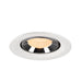 Recessed downlight fixture made of metal with a white finish and chrome accents, featuring a honeycomb lens for soft illumination.