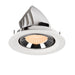 Recessed downlight fixture made of aluminum with a white finish and chrome reflector, featuring a warm amber light.