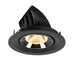 Recessed ceiling light fixture made of black metal with a polished chrome reflector and warm white LED bulb.