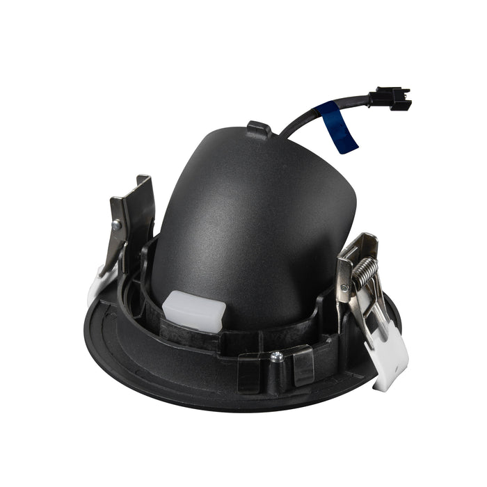 Black plastic recessed light housing with metal clips and wiring for easy mounting.