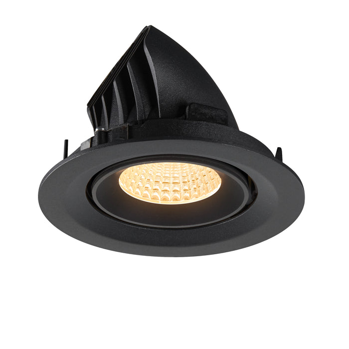 Black recessed ceiling light fixture with adjustable head.