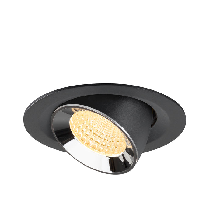 Black recessed spotlight with a chrome finish and textured glass lens, designed for ceiling mounting.