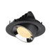 Recessed spotlight in black aluminum with a chrome finish and warm white light, designed for ceiling mounting.