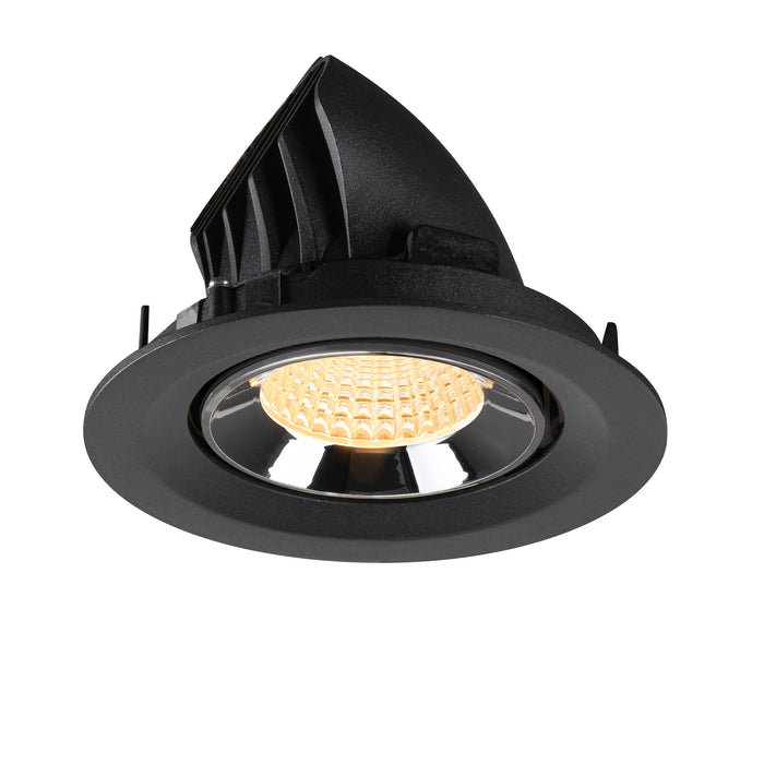 Black recessed LED downlight with a chrome finish and honeycomb lens, designed for ceiling mounting.