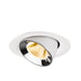 Recessed ceiling light fixture made of metal with a white finish and chrome accents, featuring a warm white LED bulb.