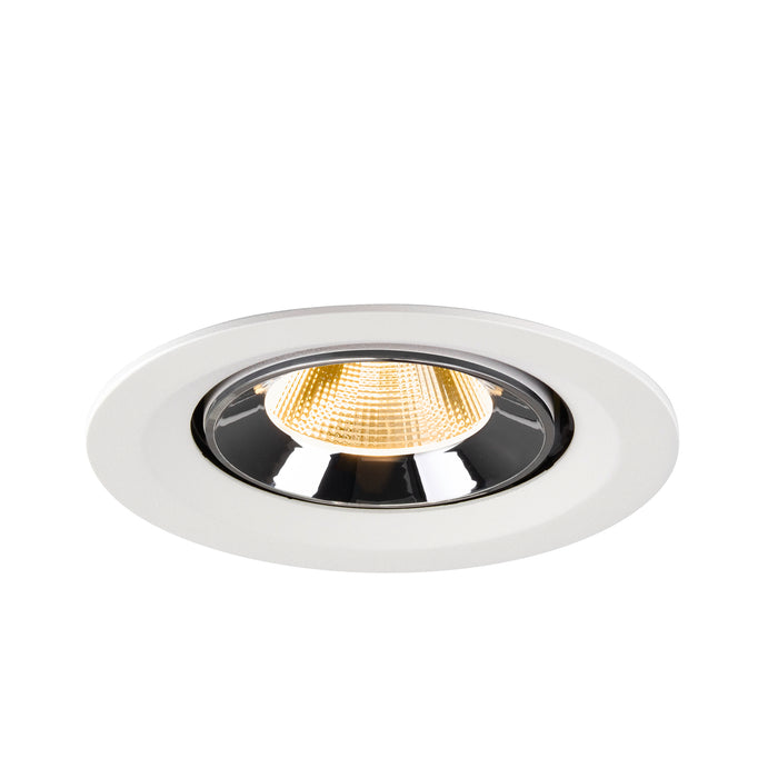 Recessed ceiling light fixture with a white finish, chrome reflector, and warm LED bulb, designed for flush mounting.