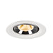 Recessed ceiling light fixture with a white finish, chrome reflector, and warm LED bulb, designed for flush mounting.