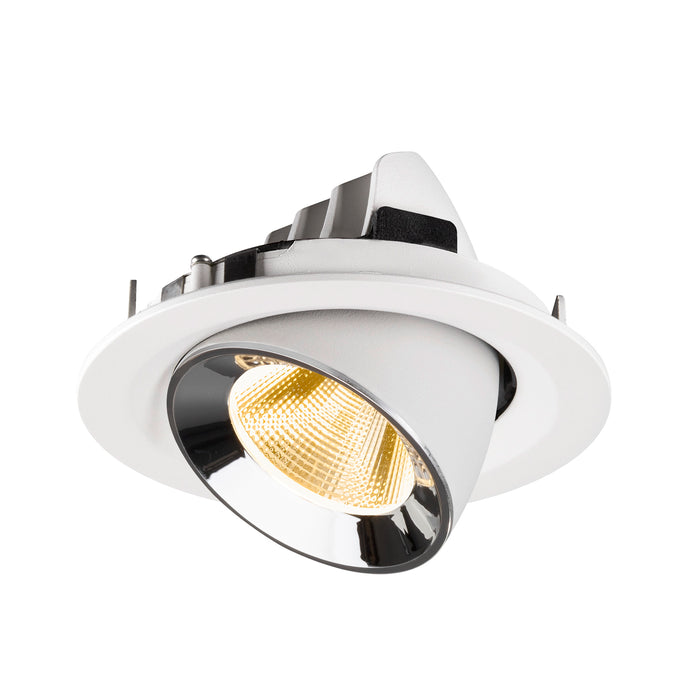 Recessed spotlight made of metal with a matte white finish and chrome reflector, designed for ceiling mounting.