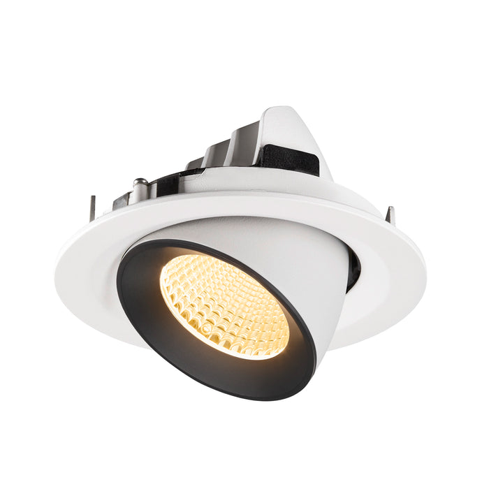 Recessed ceiling light fixture with a white metal body, black trim, and a warm LED bulb, designed for easy mounting in various ceiling types.