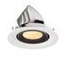 Recessed LED downlight in white finish with a black inner ring, featuring a honeycomb lens and designed for ceiling mounting.