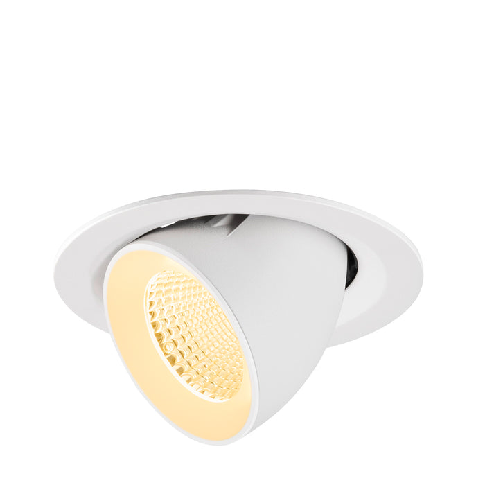 White recessed ceiling light fixture with adjustable head.