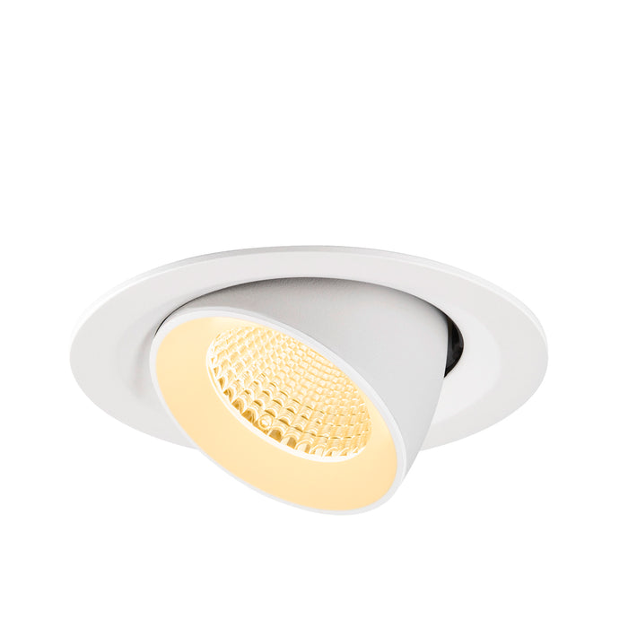 White recessed ceiling light fixture with adjustable head.