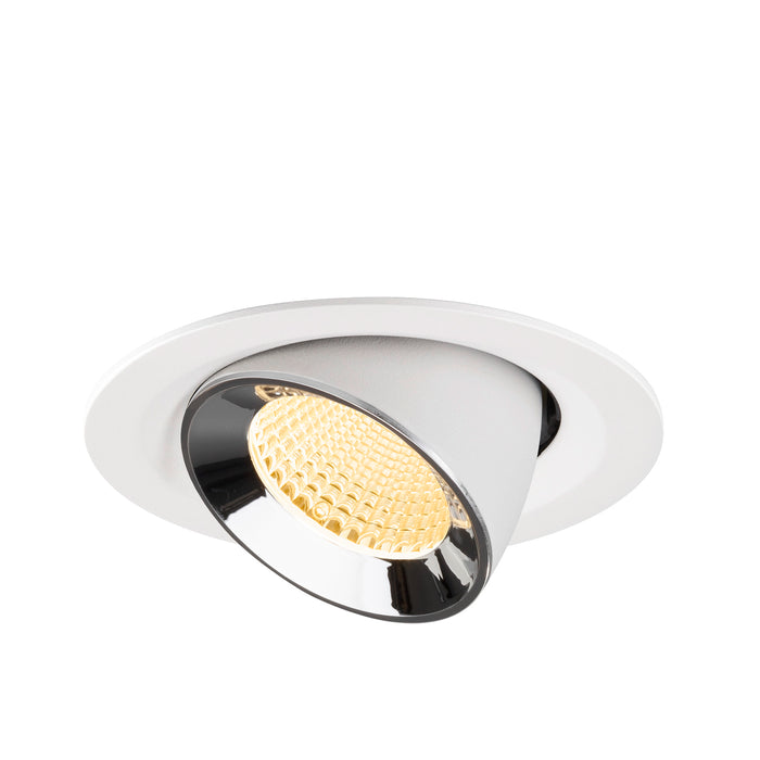 Recessed ceiling light fixture with a white metal body, chrome finish, and warm yellow LED bulb.