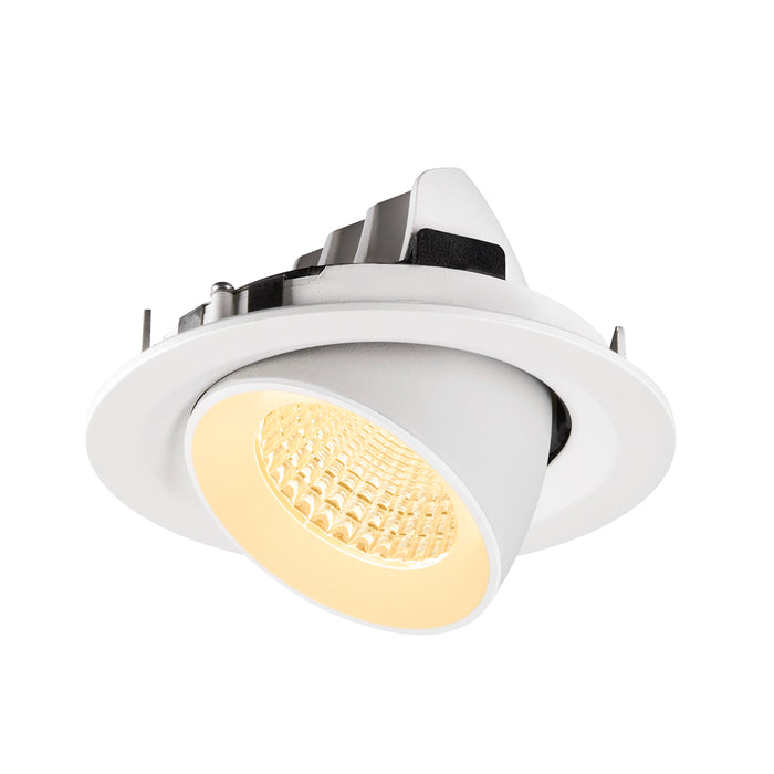 White recessed LED downlight, adjustable gimbal design.