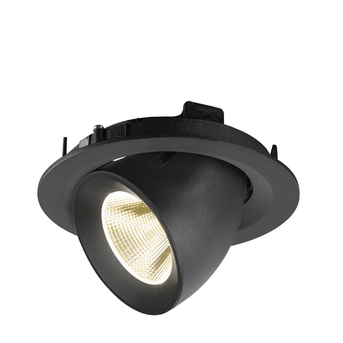 Black recessed ceiling light fixture, adjustable spotlight.