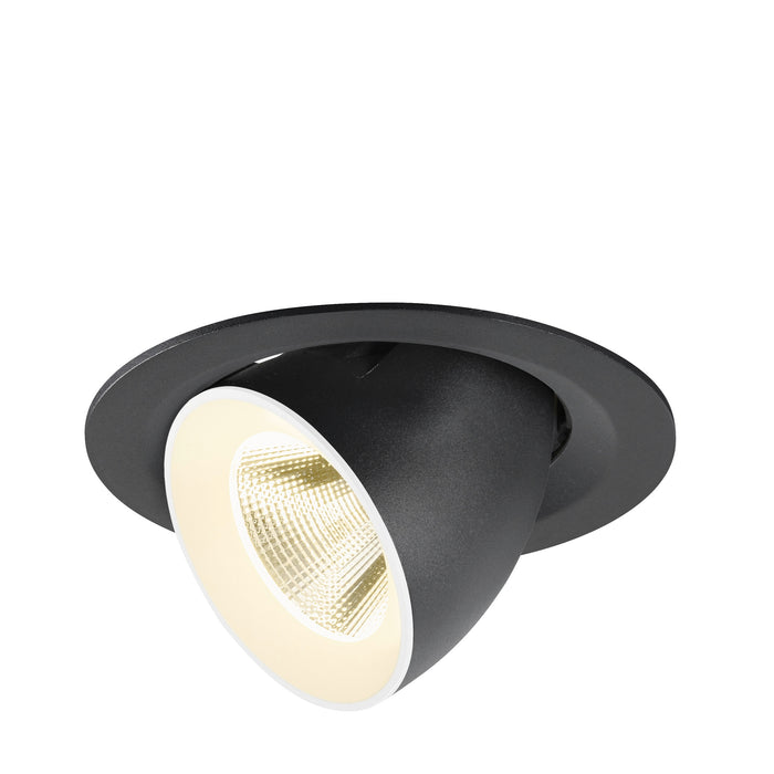Black recessed ceiling light fixture, adjustable spotlight.